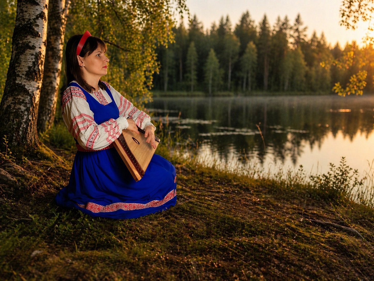 Девушка играет на гуслях у озера